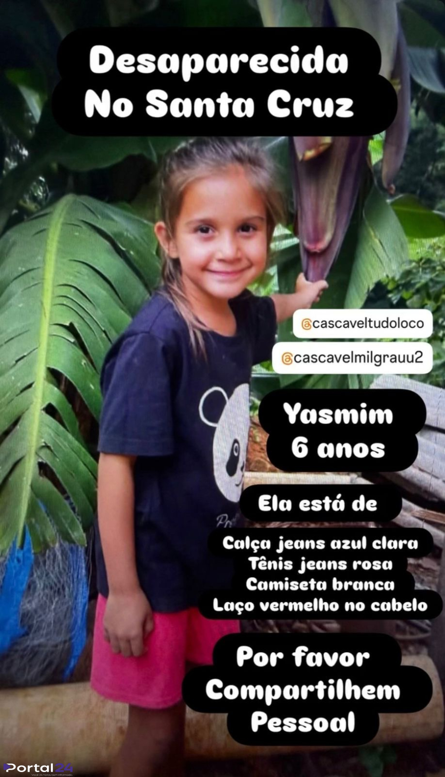 Menina de 6 anos está desaparecida no bairro Santa Cruz