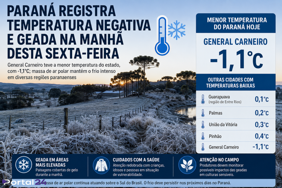 Paraná registra temperatura negativa enquanto em SC tem mínima de -6,7°C