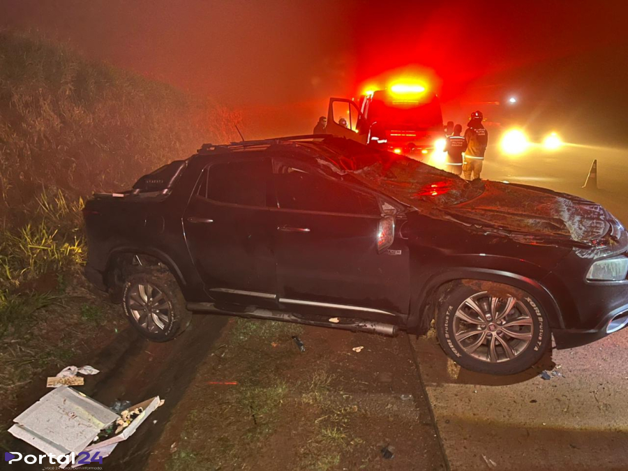 Casal fica ferido após caminhonete capotar em Santa Maria, distrito de Santa Tereza do Oeste