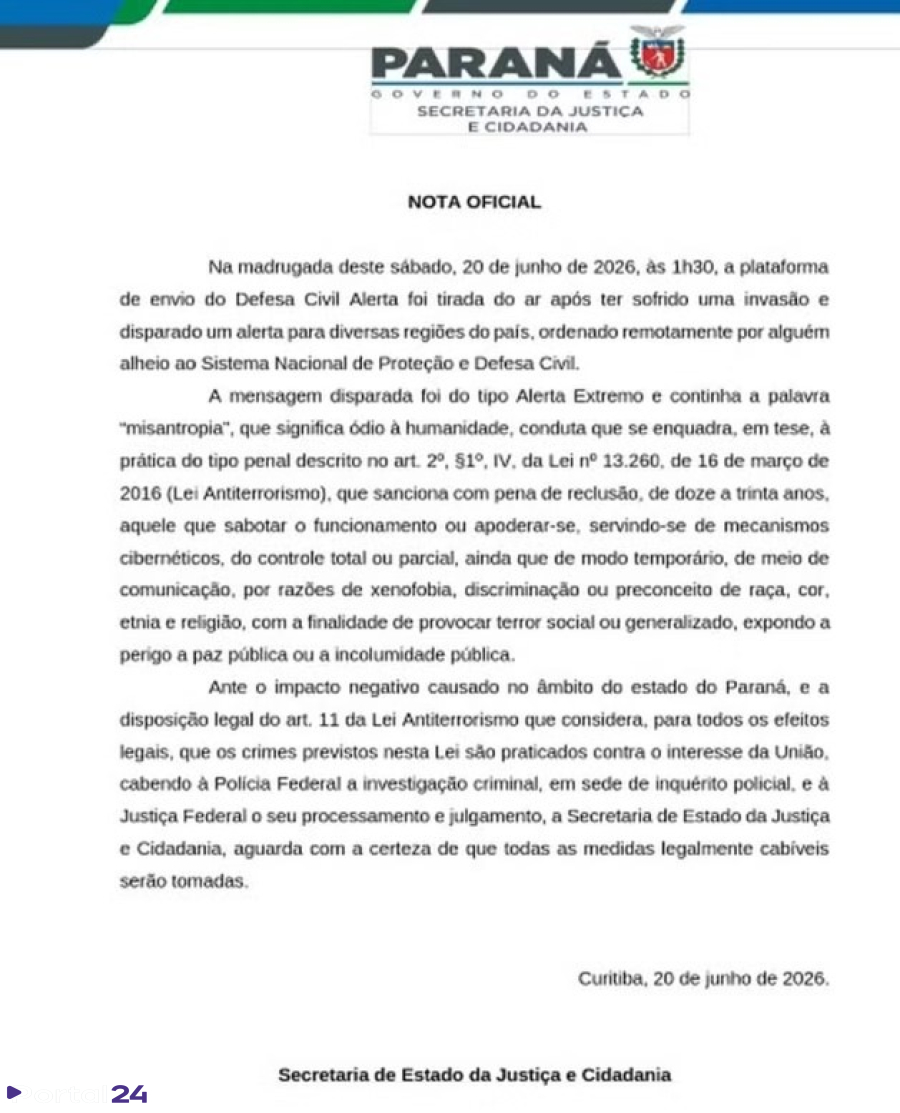 Alerta com termo ‘misantropia’ pode ser enquadrado como terrorismo, diz Governo do Paraná