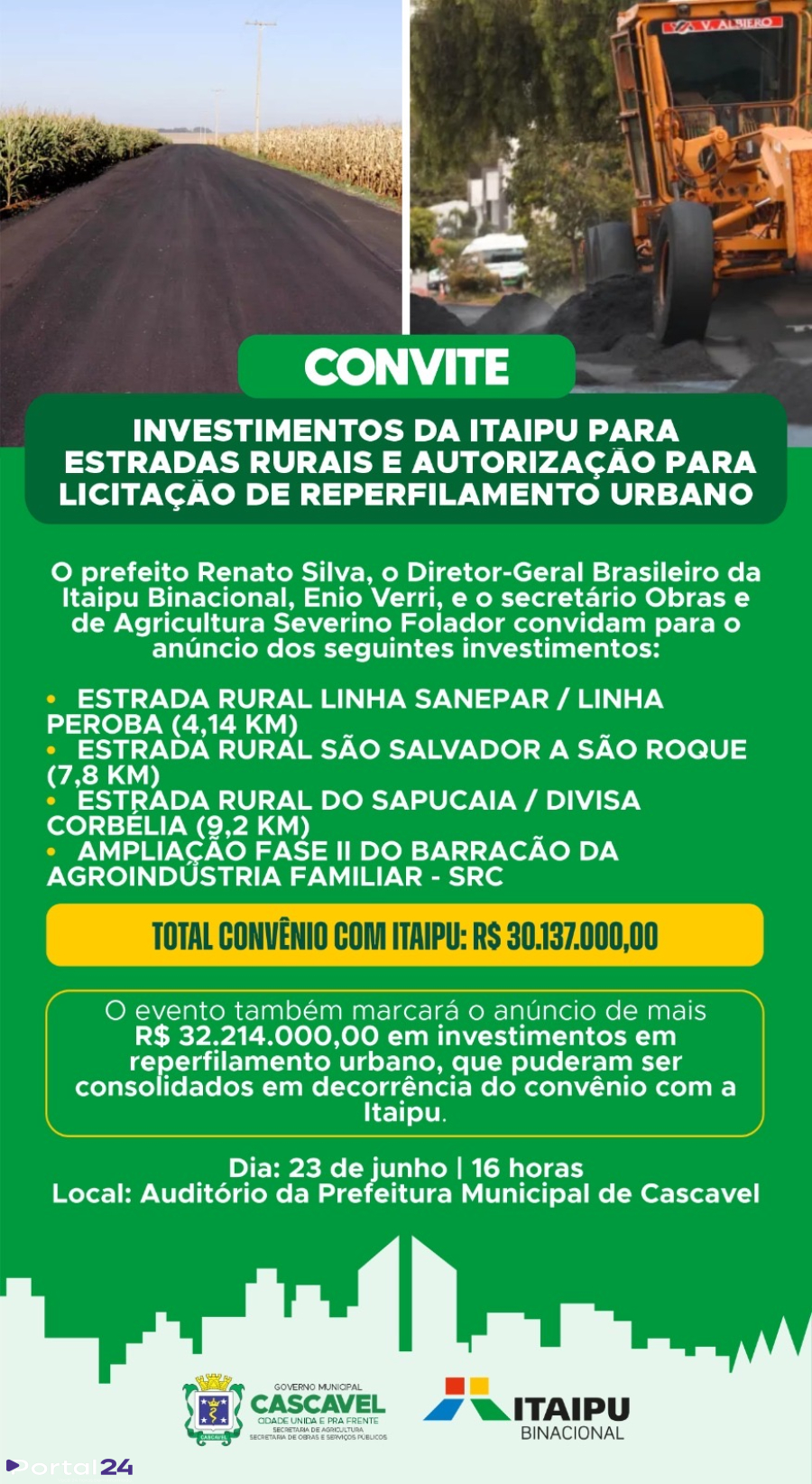 Investimentos da Itaipu impulsionam melhorias em estradas rurais e obras urbanas em Cascavel