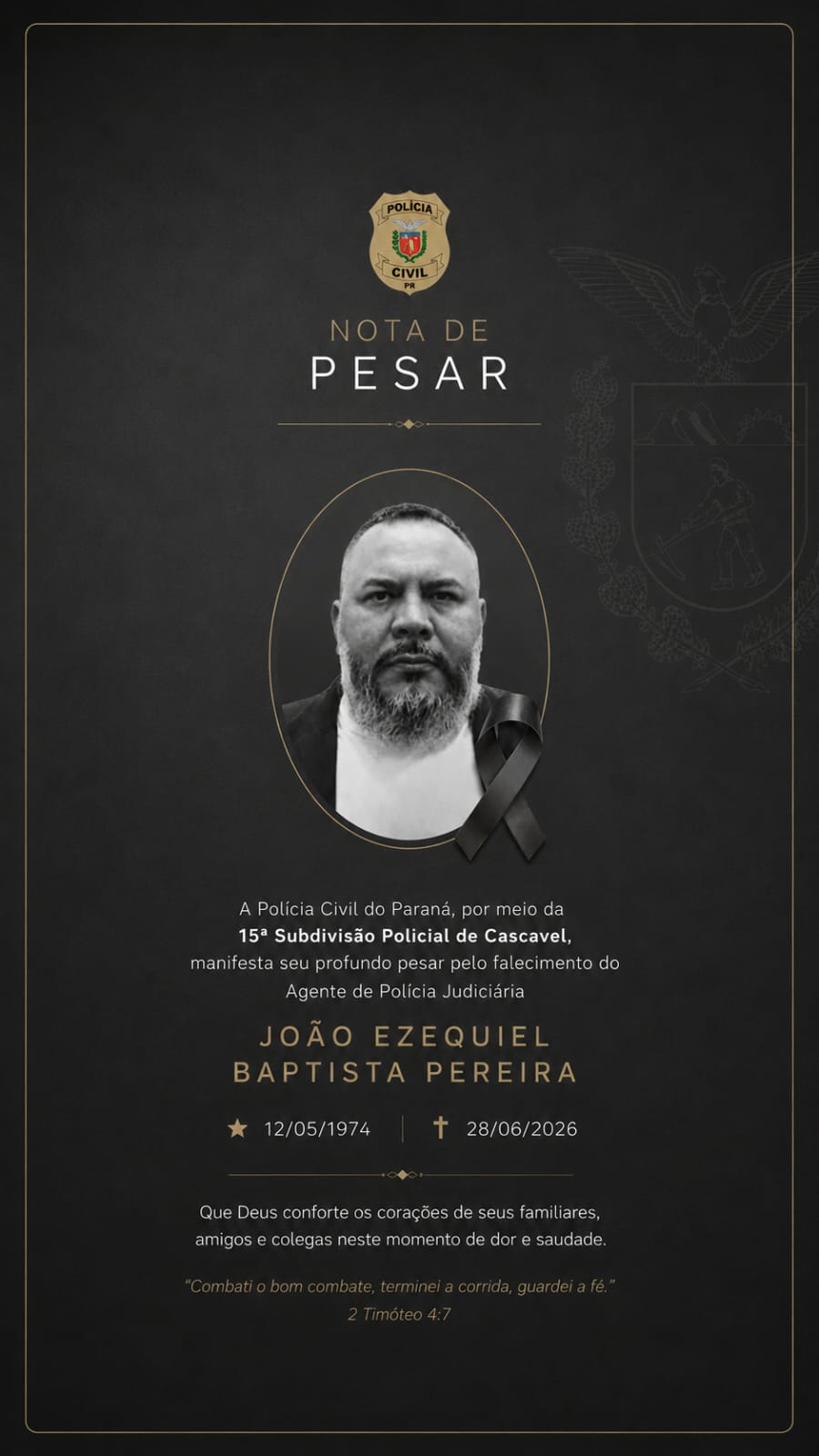 Polícia Civil emite nota de pesar pela morte de agente lotado em Santa Tereza do Oeste