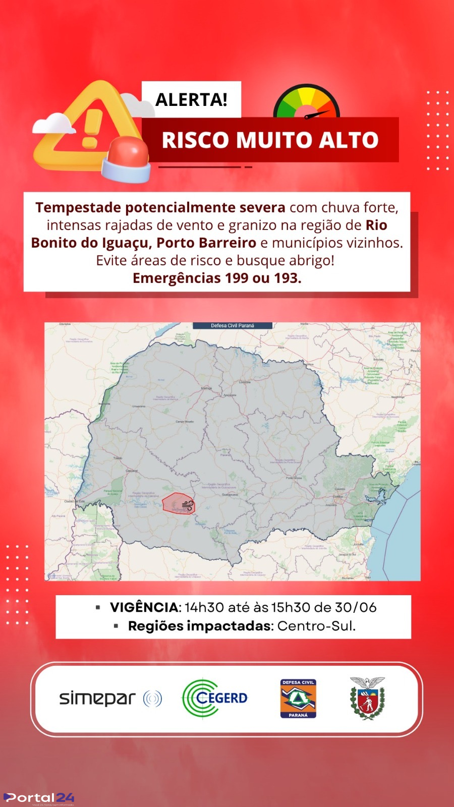 Simepar emite alerta vermelho para tempestades em Rio Bonito do Iguaçu