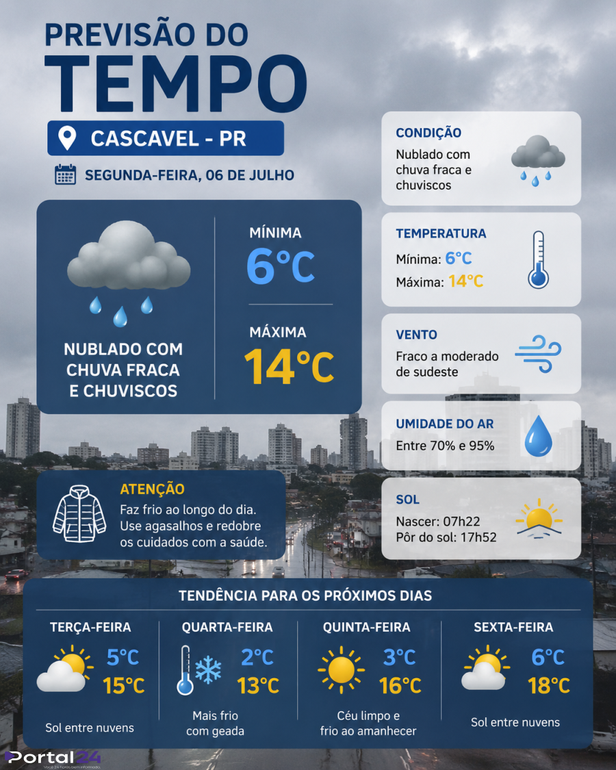 Frio e chuva marcam a segunda-feira em Cascavel; temperatura não deve passar dos 14°C