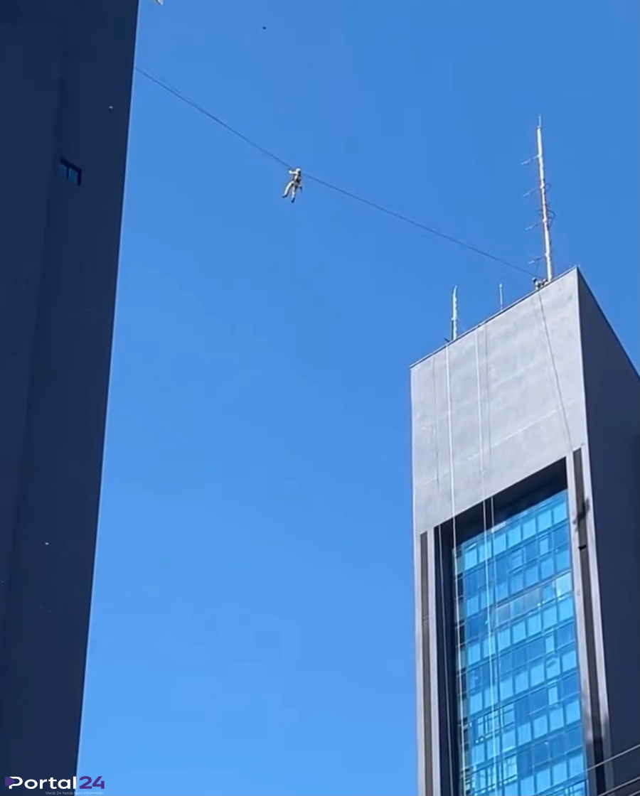 Bombeiros realizam treinamento com tirolesa entre prédios em Cascavel