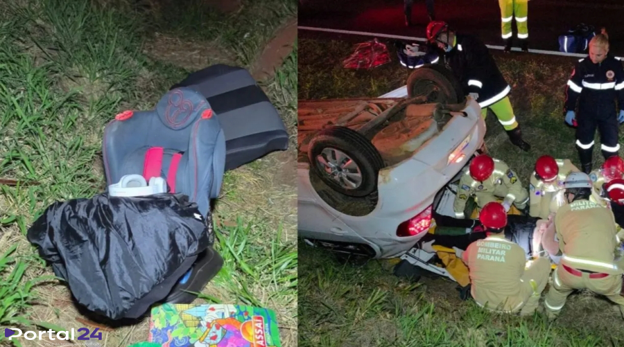 Criança é ejetada junto com cadeirinha após capotamento na BR-376, em Maringá