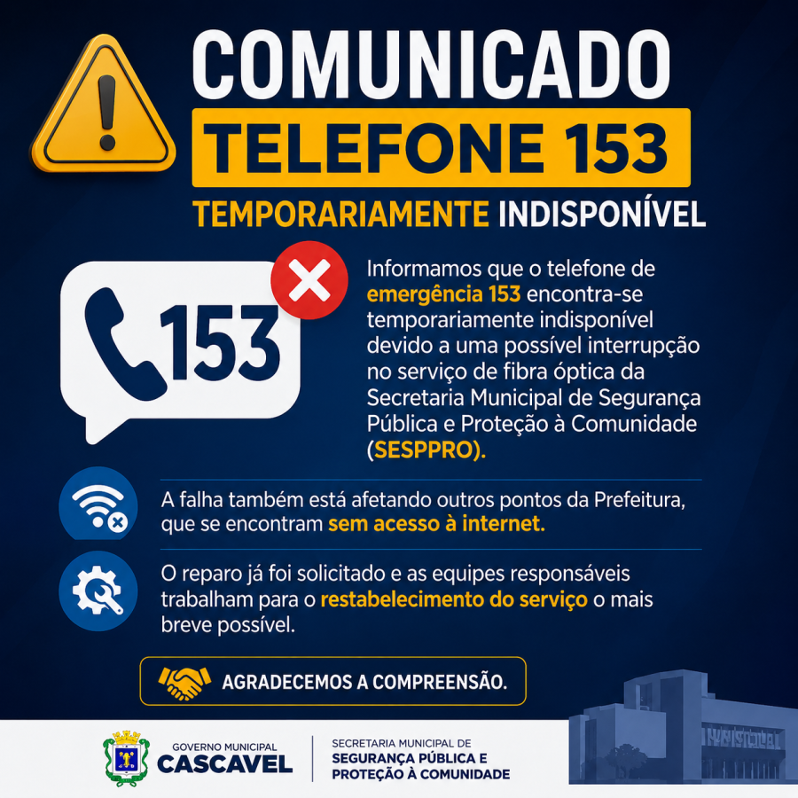 Telefone 153 da Guarda Municipal está temporariamente indisponível