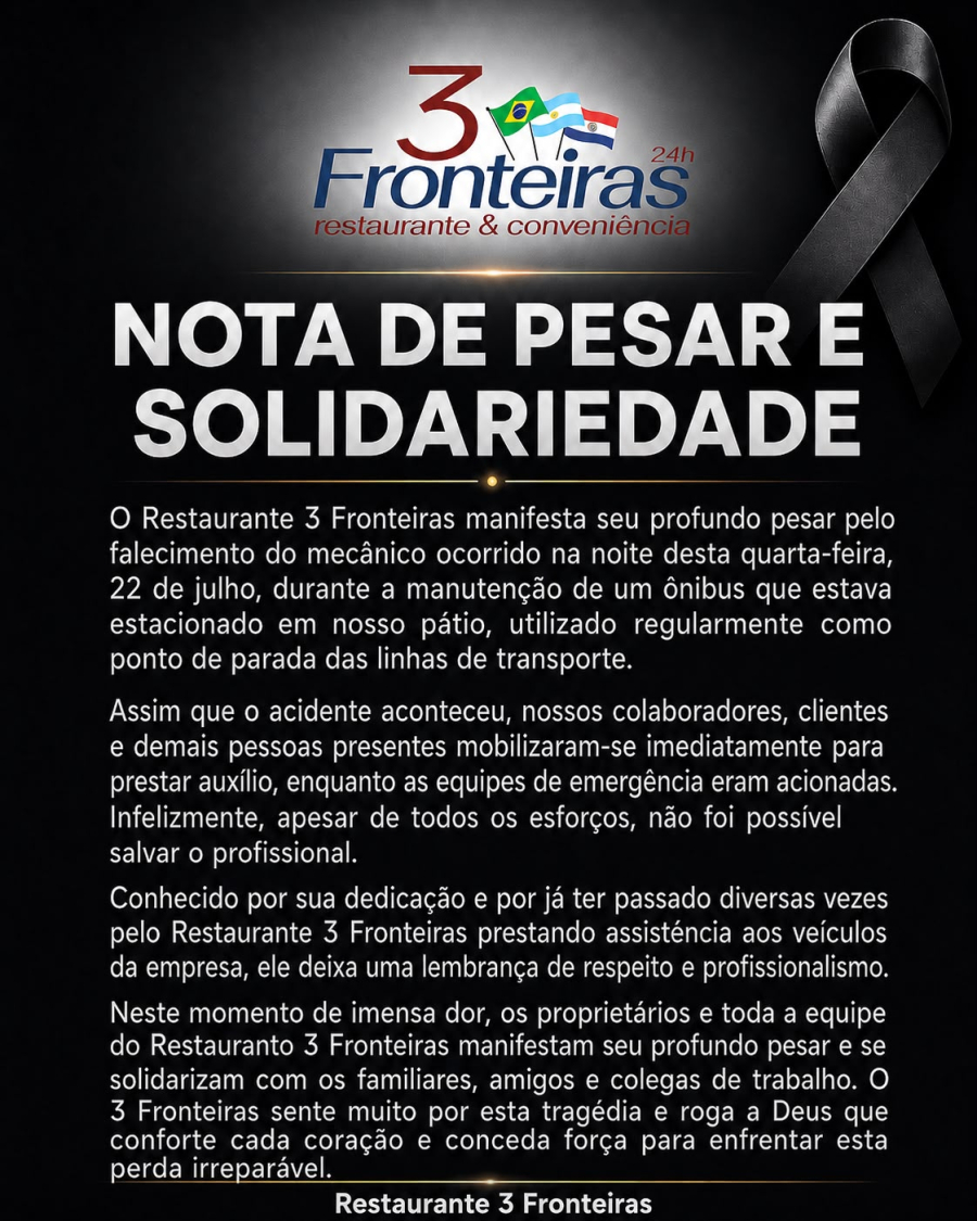 Restaurante 3 Fronteiras divulga nota de pesar após morte de mecânico durante manutenção de ônibus