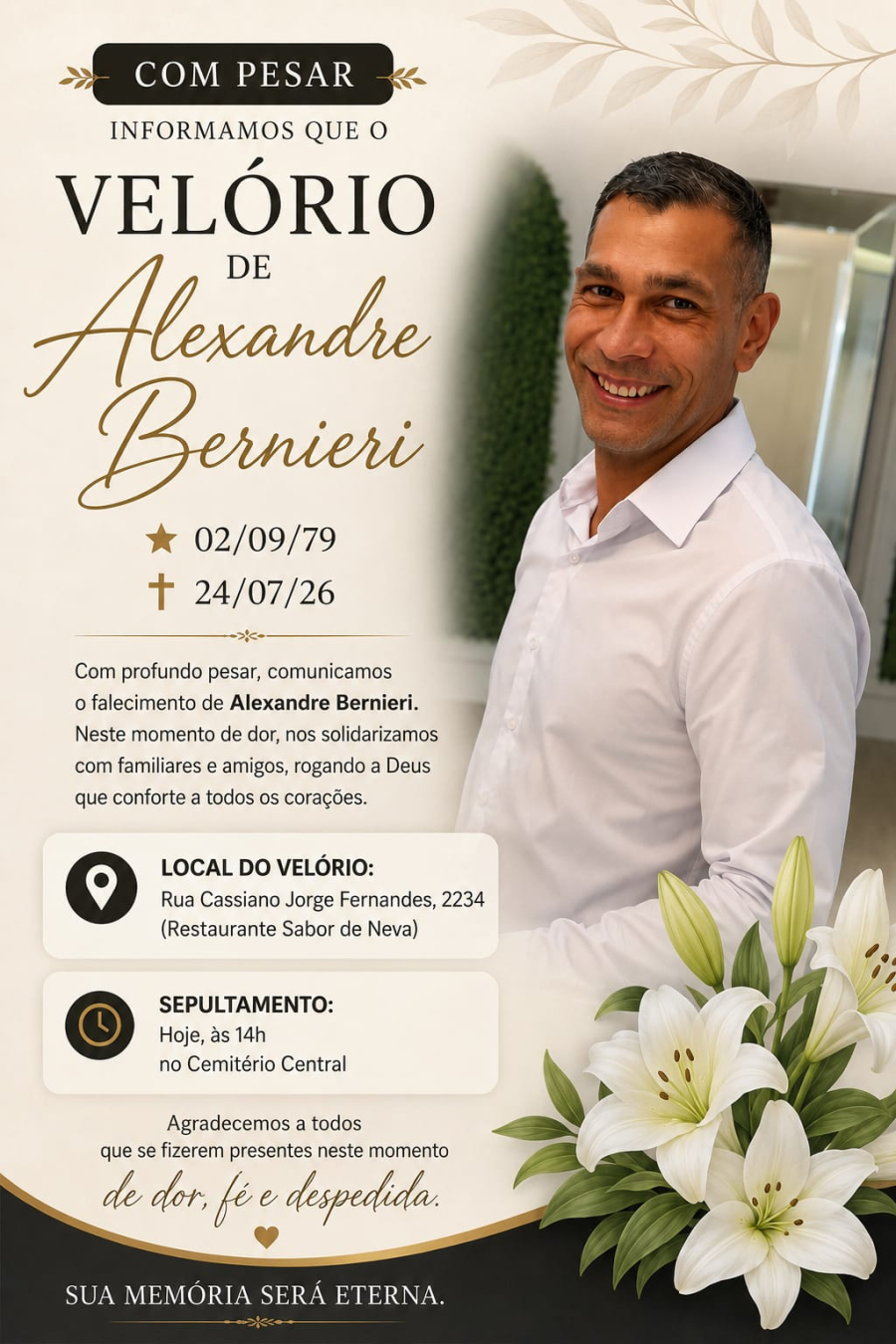 Velório de Alexandre Bernieri acontece hoje