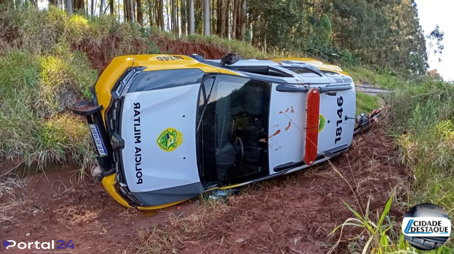 Viatura da PM tomba durante perseguição a foragido em área rural de Mamborê