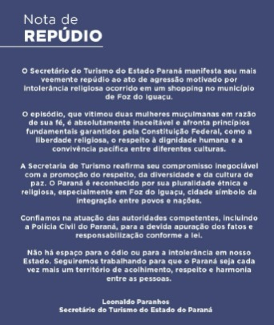 Paranhos repudia agressão motivada por intolerância religiosa em Foz