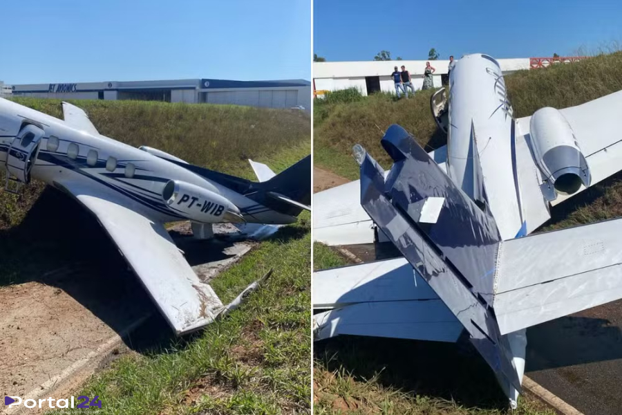 Jato sai da pista e colide contra barranco ao pousar em aeroporto no interior de São Paulo