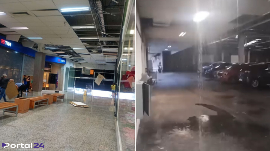 Parte do teto de shopping desaba após temporal em Ponta Grossa